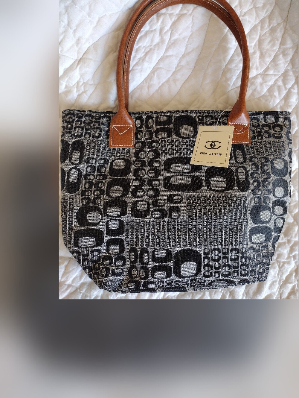 Geo-Pattern Canvas Tote with Brown Leather Handles